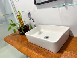 Un baño con un lavamanos blanco, una encimera de madera y una planta en maceta.