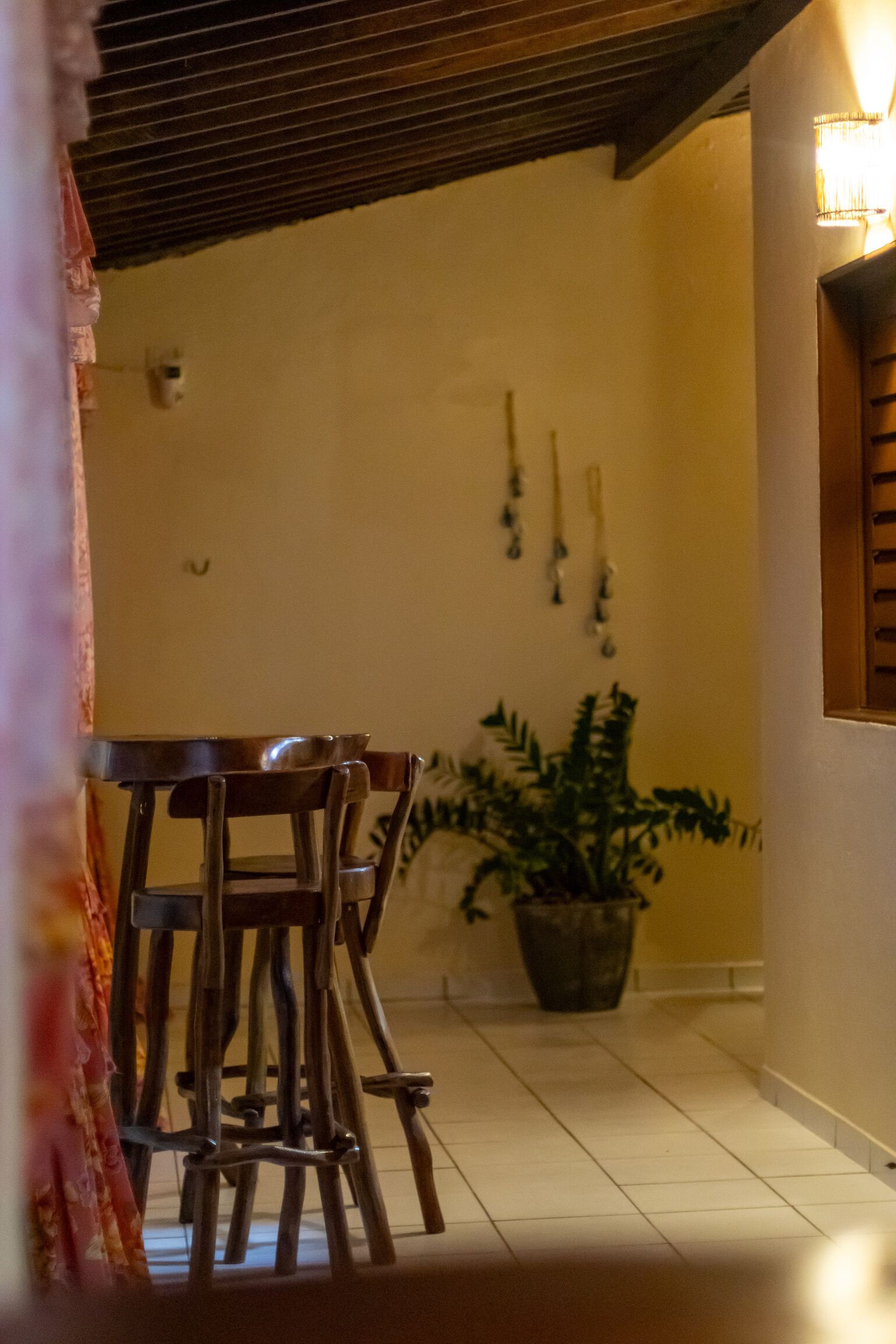 A dining area with a wooden table and chairs, a potted plant, and a wall-mounted light fixture.