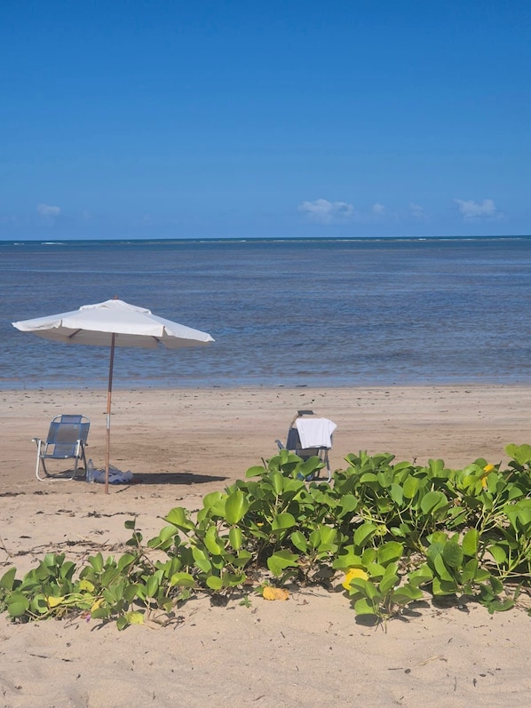 On the beach, white sand, sun loungers, beach umbrellas