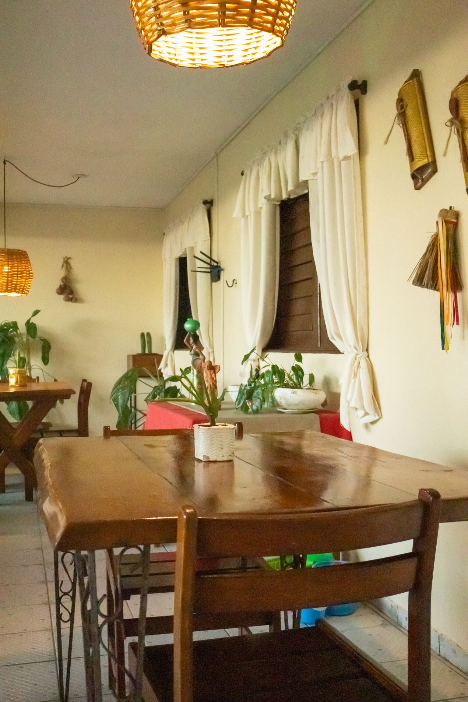 A dining area with a wooden table and chairs, a hanging light fixture, and potted plants.