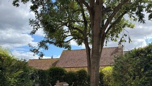 A wooden pathway leading to outdoor seating with wicker planters. - Exceptional country apartment with pool, jacuzzi and sauna (La Chapelle-Longueville)