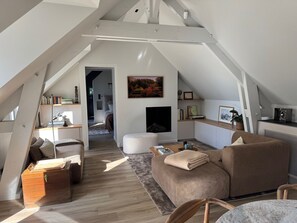 Smart-tv, eldstad, ett bordtennisbord och böcker