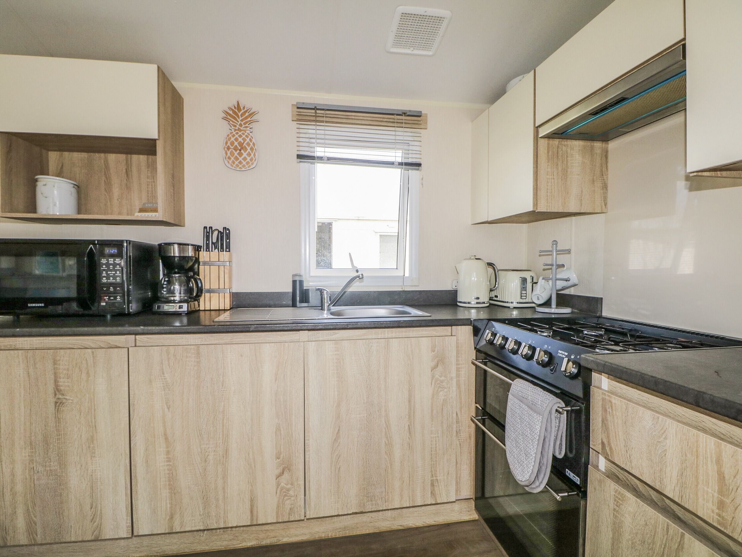Fridge, toaster, cookware/dishes/utensils