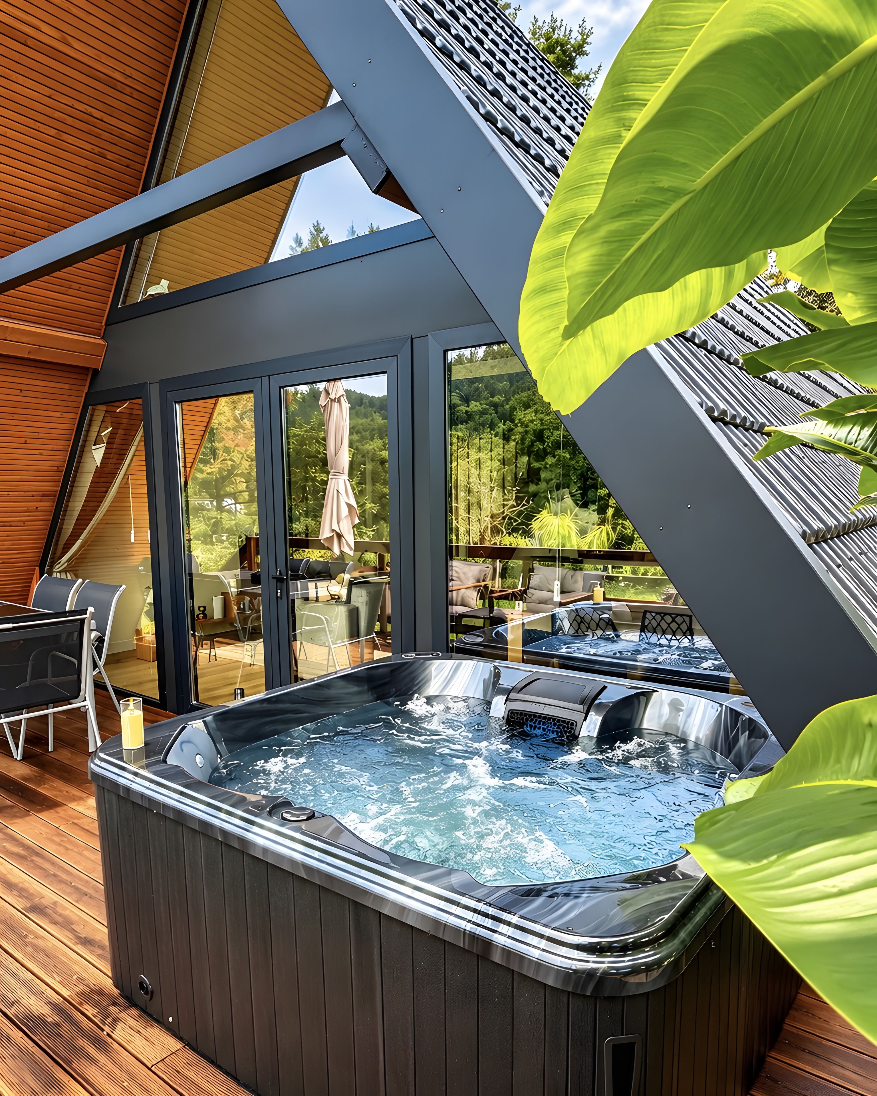 Een hottub op een houten terras, met uitzicht op een bebost gebied.