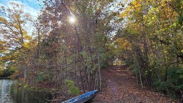 A canoe on a forested path near a body of water.