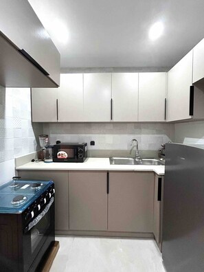 Réfrigérateur, micro-ondes, plaque de cuisson, bouilloire électrique