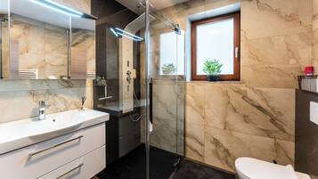 Une salle de bain moderne avec une douche à parois de verre, un grand miroir, un lavabo blanc et des toilettes.