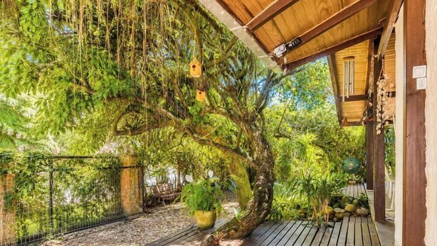 A wooden deck with a covered area, surrounded by lush greenery and trees. - Pousada Ondas da Grande – Penha/SC (Penha)