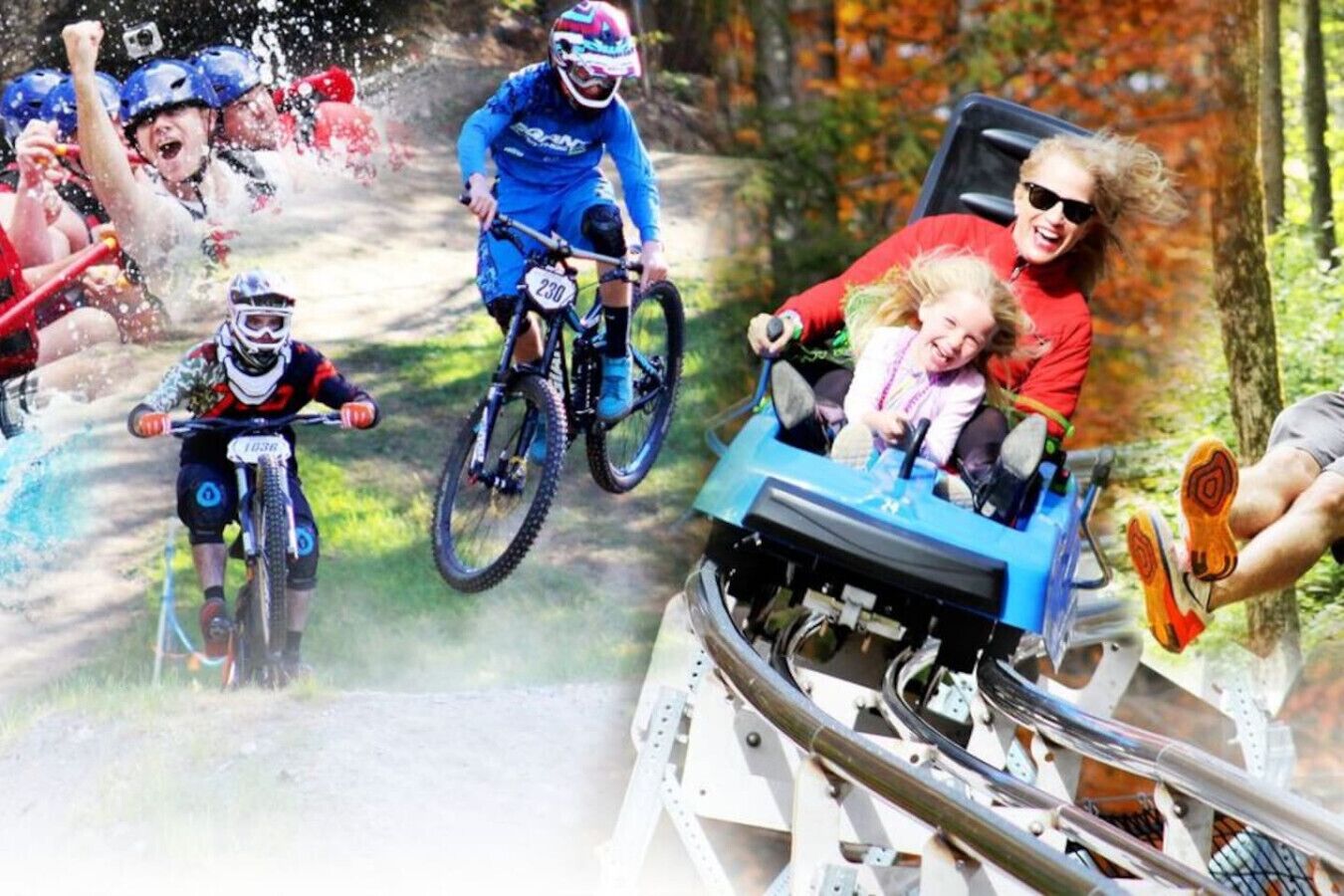 Un grupo de personas en un sendero de bicicleta de montaña, un carrito azul y una persona con una chaqueta roja.