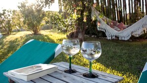 Dos copas de vino sobre una mesa de madera, con un libro, una hamaca y un jardín al fondo.