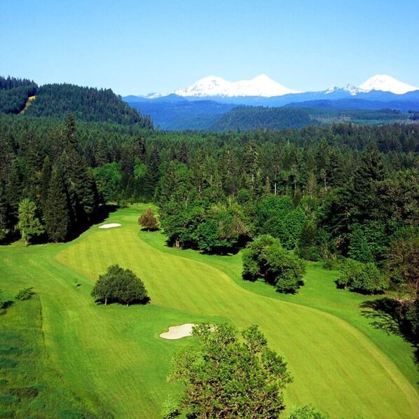 A golf course with a clear view of the surrounding forest and distant mountains.