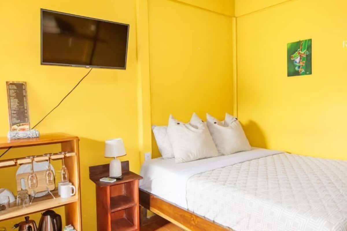 Una habitación con una cama, un televisor montado en la pared, una mesita de noche con una lámpara y un estante con vasos y una cafetera.