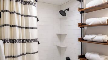 Hair dryer, towels, soap, shampoo