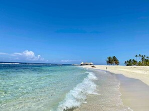 A beach with clear turquoise water, a sandy shore, and a few palm trees. - Beachfront Apartment in Juan Dolio (Playa Juan Dolio San Pedro de Macoris)