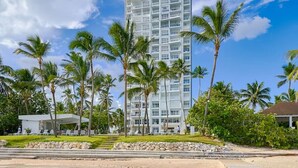 Un hotel moderno con vistas despejadas a la playa y palmeras.