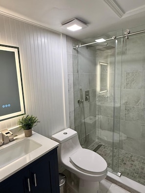 Dusche, Haartrockner, Handtücher, Seife