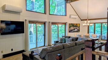 TV, fireplace, books