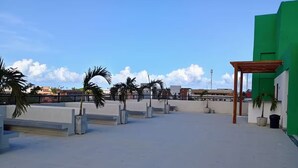 Une terrasse sur le toit avec un sol en béton, des palmiers et un bâtiment écologique doté d’une pergola.