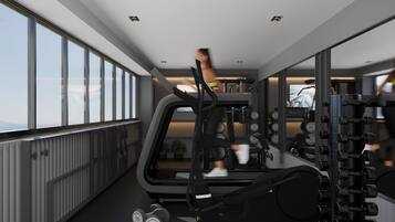 A modern gym with exercise equipment, large windows, and a view of the city.