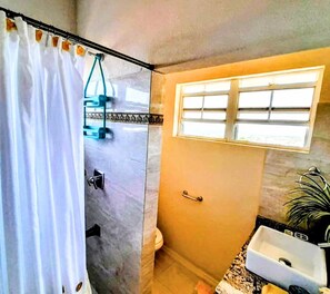 Regadera, bidet, toallas, jabón 