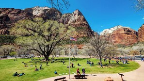 A park with a large tree, a flag, and mountains in the background. - Zion Lodge - Inside the Park (Springdale)