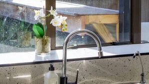 Cucina con lavello in acciaio inossidabile, finestra che si affaccia su un edificio e un'orchidea in vaso sul davanzale.