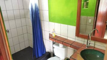 Shower, towels, soap, toilet paper