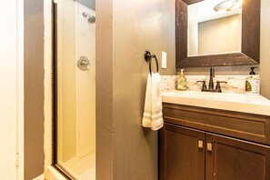 Hair dryer, towels, soap, shampoo