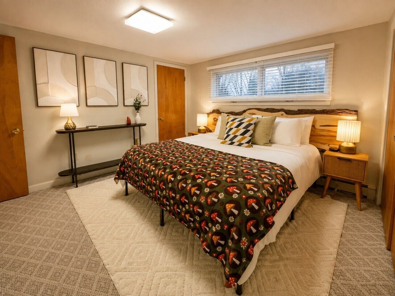 A bedroom with a bed, bedside tables, a window with blinds, a door, and wall art.