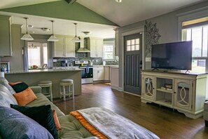 Smart TV, fireplace, books