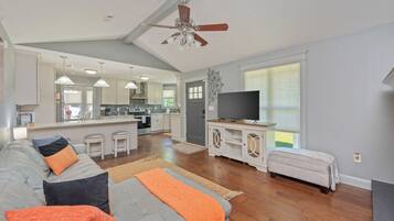 Smart TV, fireplace, books