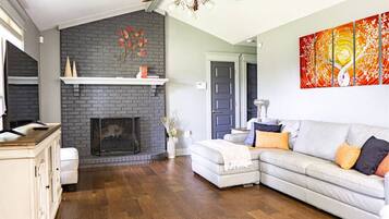 Smart TV, fireplace, books