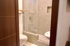 Hair dryer, towels, soap, toilet paper