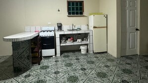 A compact kitchen with a gas stove, a sink, a refrigerator, and a window above the sink. - Cozy "LORITO" Apartment at MANUEL ANTONIO / 4 People (Quepos)