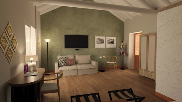 Uma sala de estar acolhedora, com sofá, televisão, luminária e uma pequena mesa.
