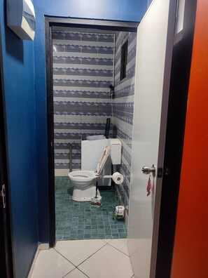 Shower, towels, toilet paper