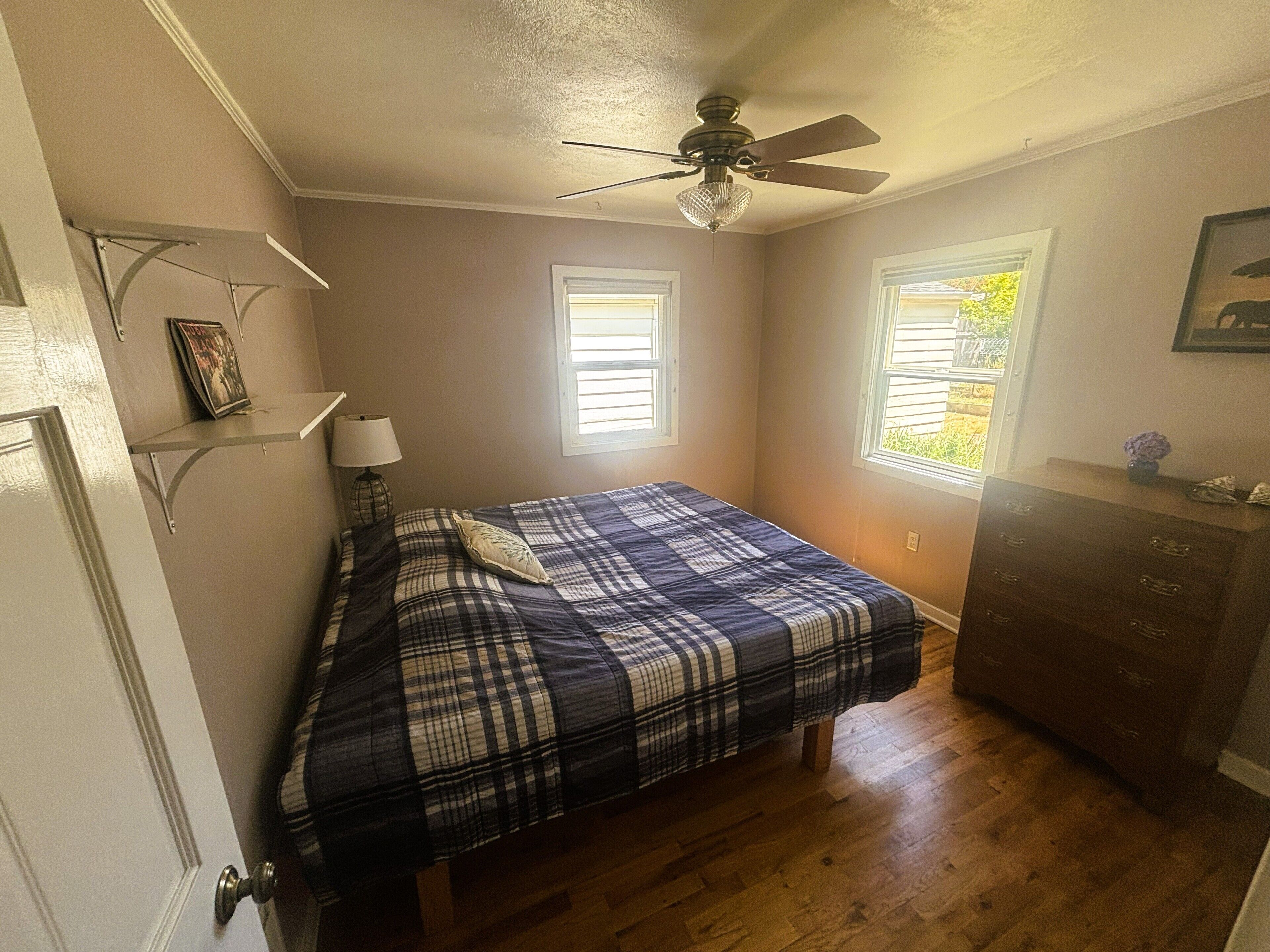 A bedroom with a bed, a ceiling fan, two windows, a dresser, and a lamp.