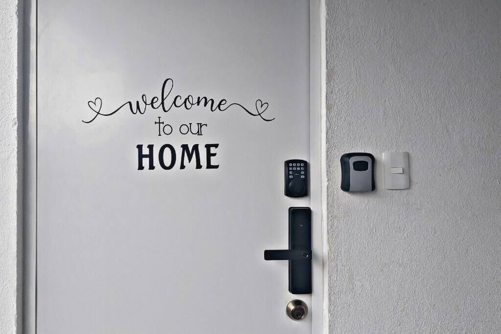 A door with a welcome sign and a keypad lock.