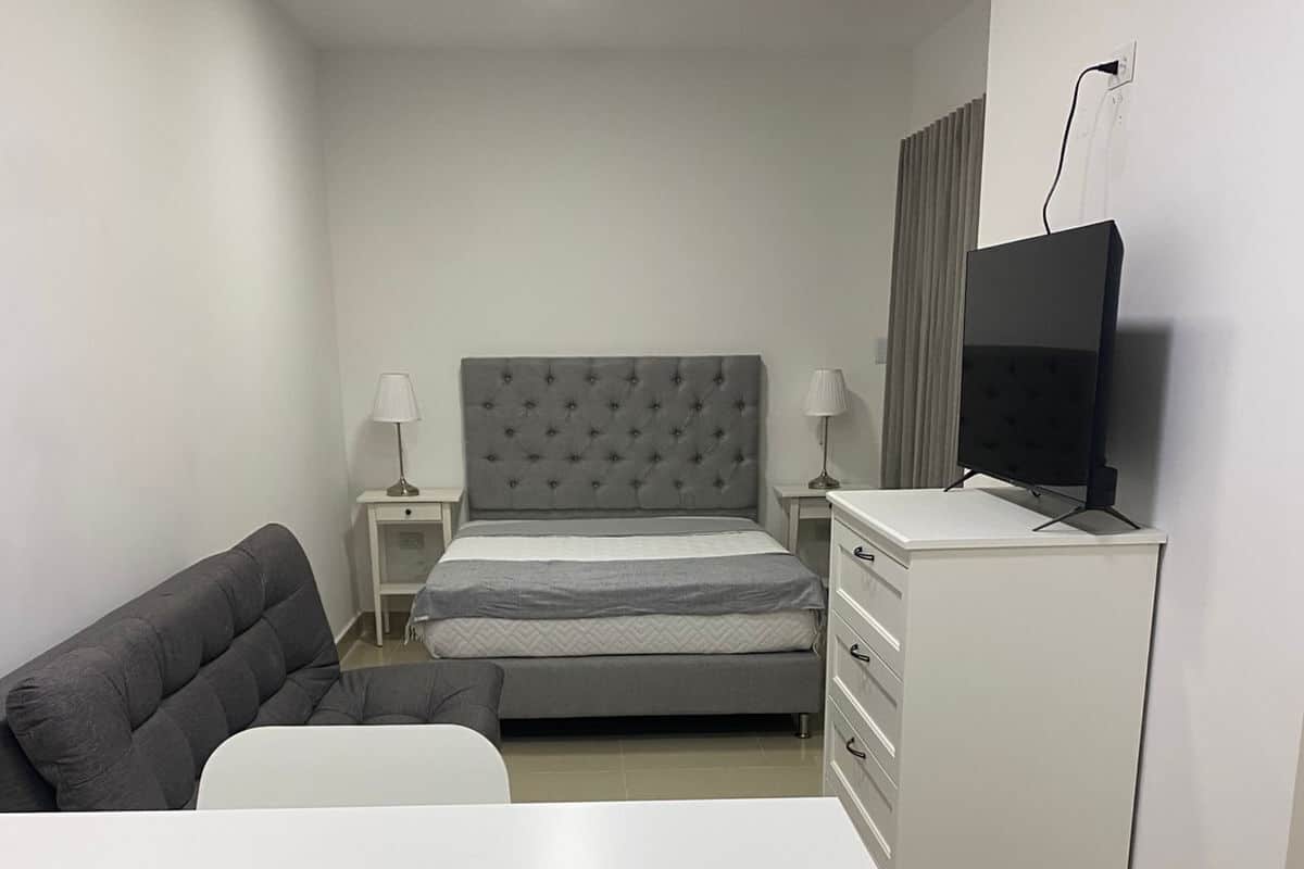 A bedroom with a bed, a sofa, a desk, a TV, and a dresser.