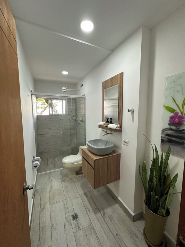 Un baño moderno con tocador de madera, un espejo grande y una planta en maceta.