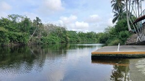 A calm river with a concrete dock and surrounding lush greenery.