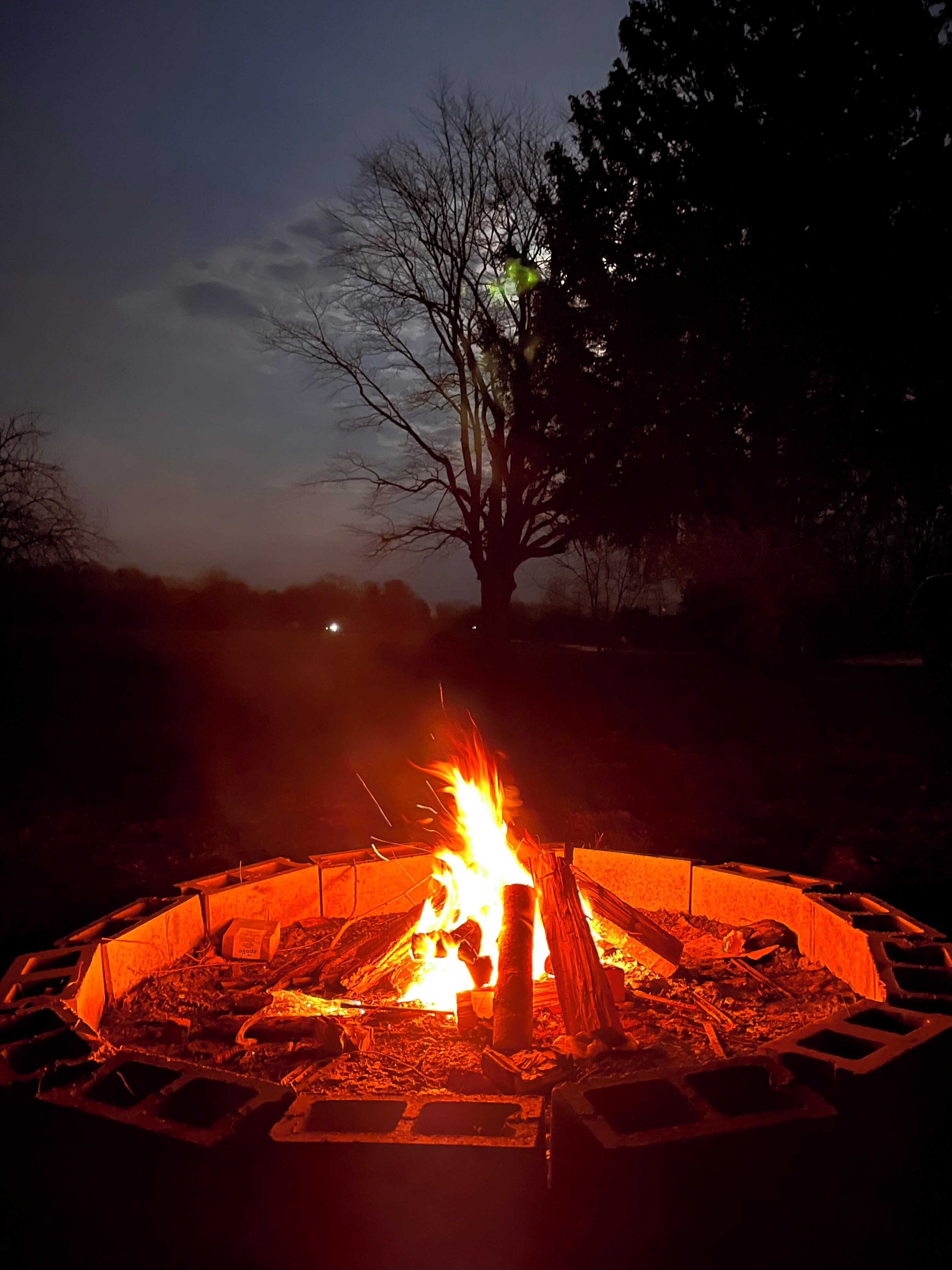 Een kampvuur in een ronde vuurkorf, omringd door rotsen en houtblokken, met een boom en een lantaarnpaal op de achtergrond.