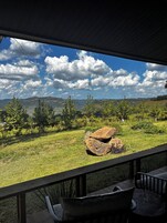 A view from a covered outdoor area with a wooden deck, a table, and chairs.