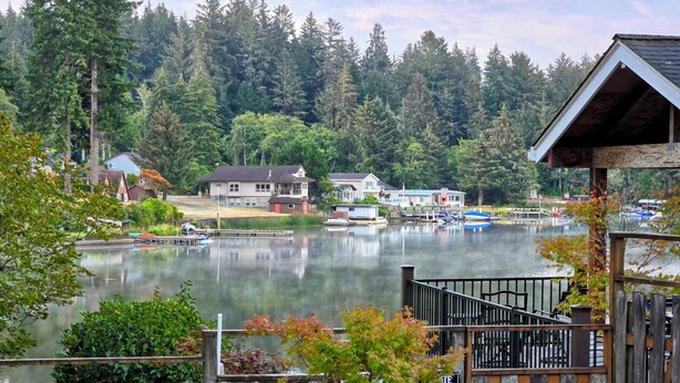 A lakeside property with a dock, wooden fence, and a bird sculpture. - Coastal Adventures, Lake, Ocean, Casinos, Hiking (Neotsu)