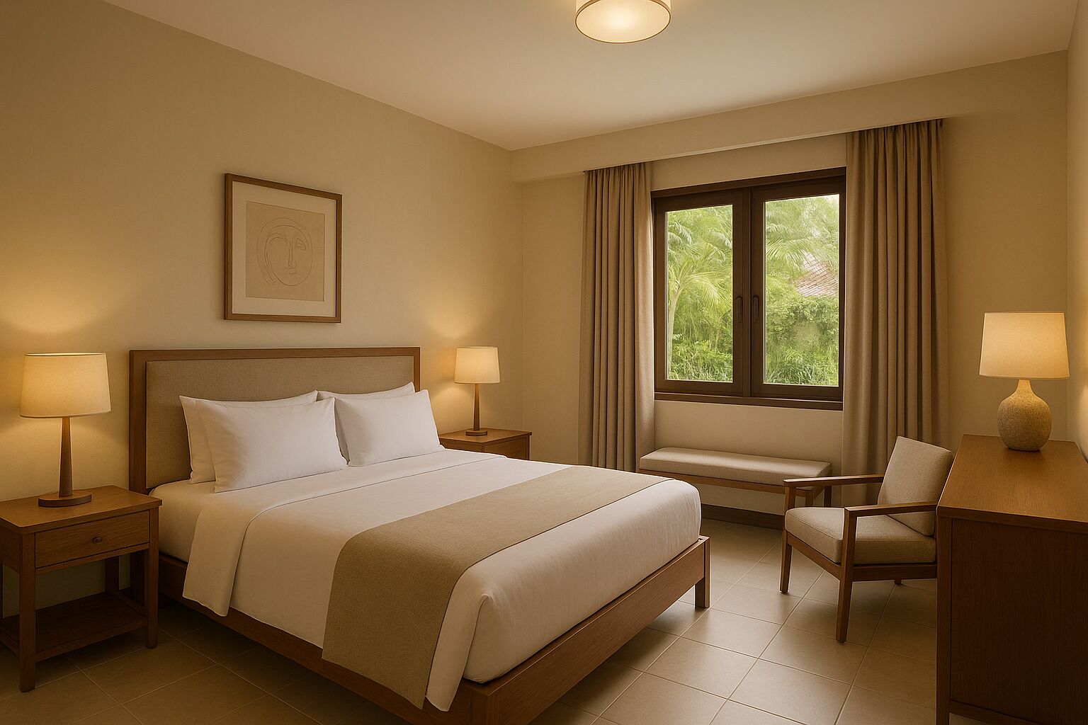 A hotel room with a large bed, two bedside tables, a chair, a desk, a window with curtains, and a framed picture on the wall.