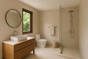 Ducha, toallas, jabón, shampoo