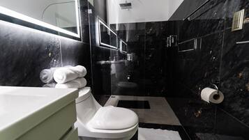 Shower, towels, soap, toilet paper