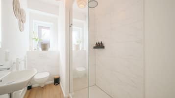 Shower, free toiletries, hair dryer, towels