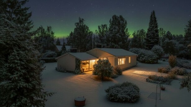 A house with a lit entrance, surrounded by snow-covered trees and a clear night sky. - Charming 3BR Home with River Views & Sauna (Rovaniemi)