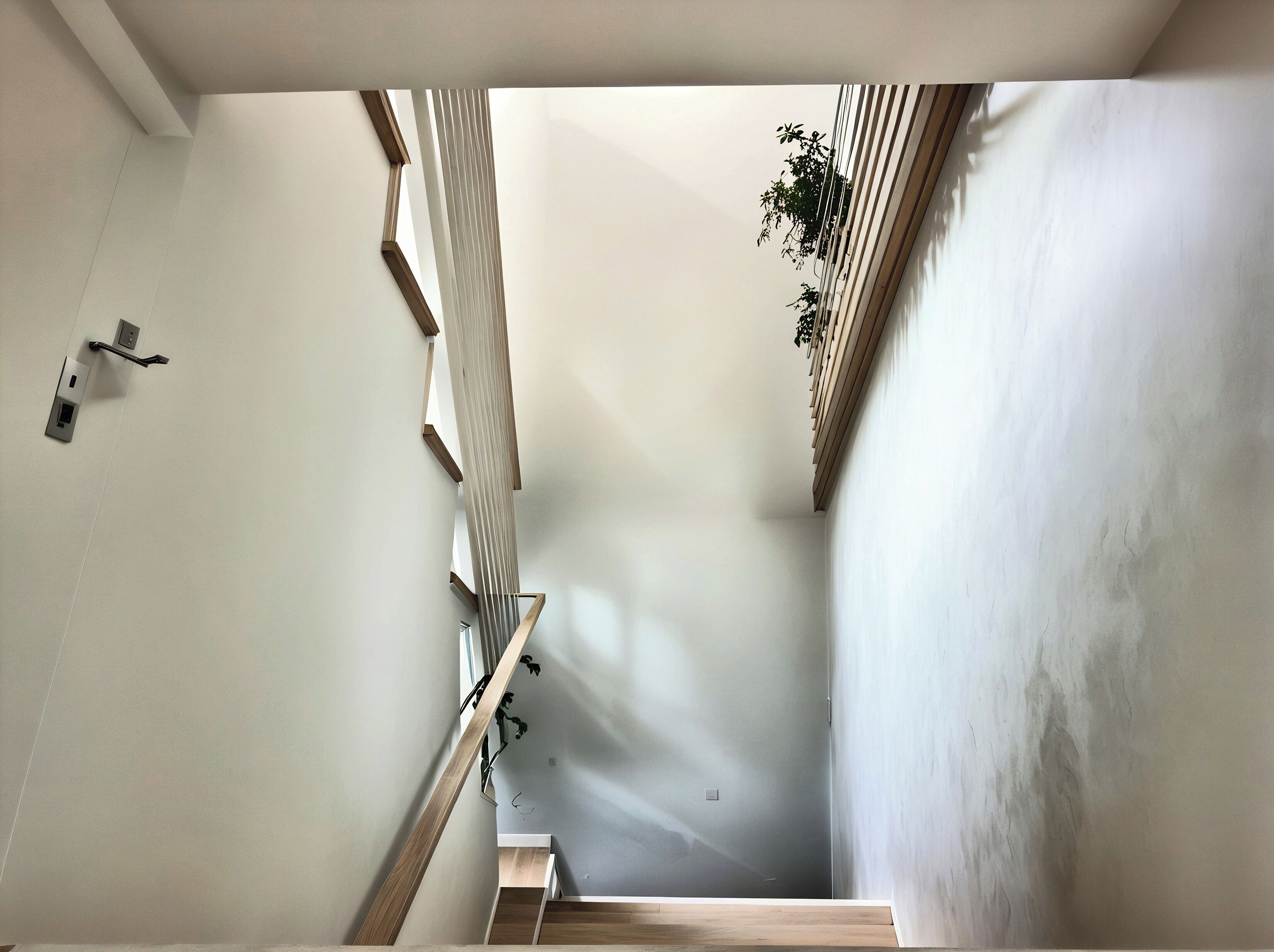 Una escalera estrecha con escalones de madera y una pared blanca.